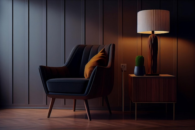 Photo modern black armchair and lamp in dark roomgenerative ai