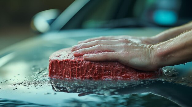 Photo modern black automobile get cleaned by man inside of car wash station