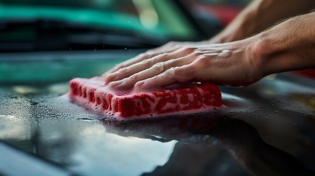 Photo modern black automobile get cleaned by man inside of car wash station