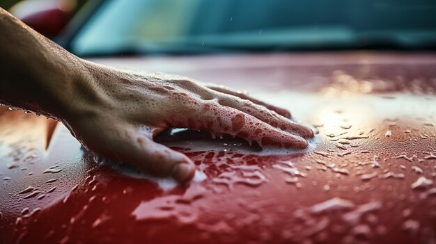 Photo modern black automobile get cleaned by man inside of car wash station