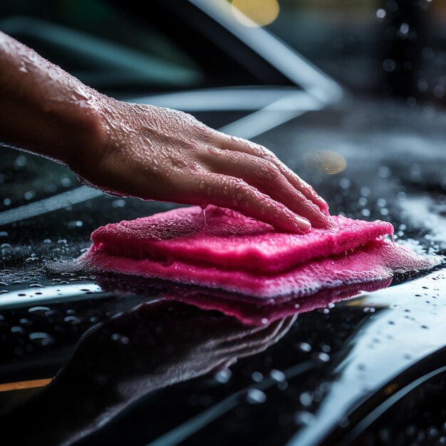 Photo modern black automobile get cleaned by man inside of car wash station
