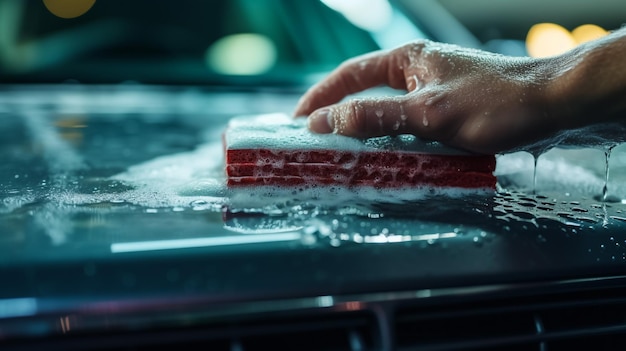 Modern black automobile get cleaned by man inside of car wash station