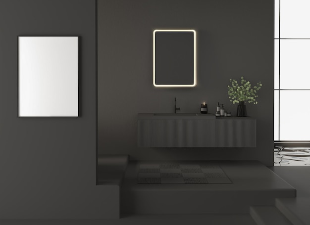 Modern black bathroom interior with cabinet , pool, accessories, square mirror, sunlight, frame.