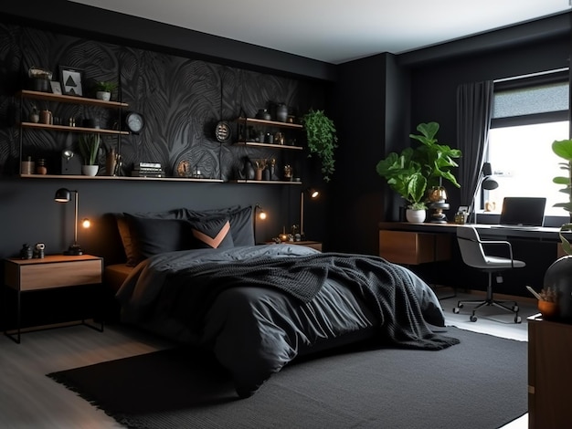 현대적인 검은색 침실 인테리어 스타일리시하게 디자인 된 AI 생성
