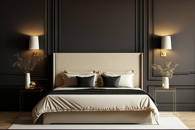 Premium Photo | Modern black and beige bedroom of a hotel room with a