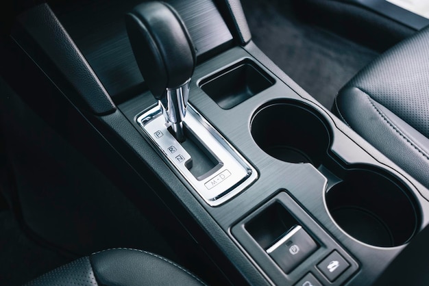 modern black car interior. gearbox shift selectordetails interior.