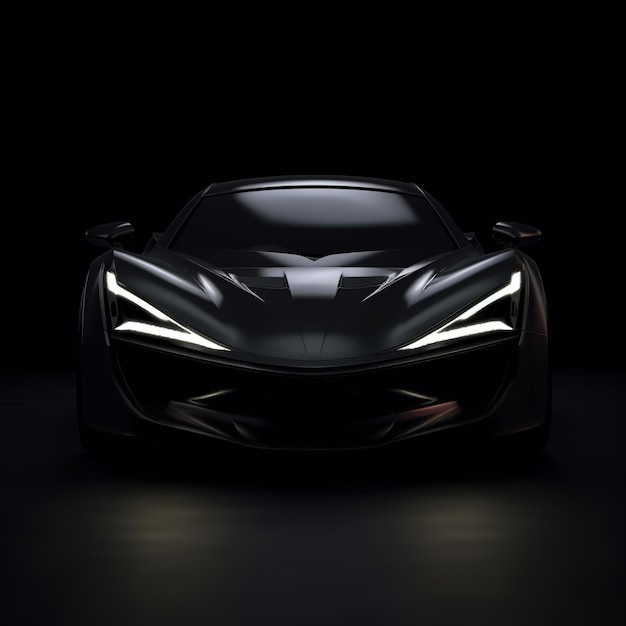 A modern black car with the headlights on on a black backgroundFuturistic innovative car