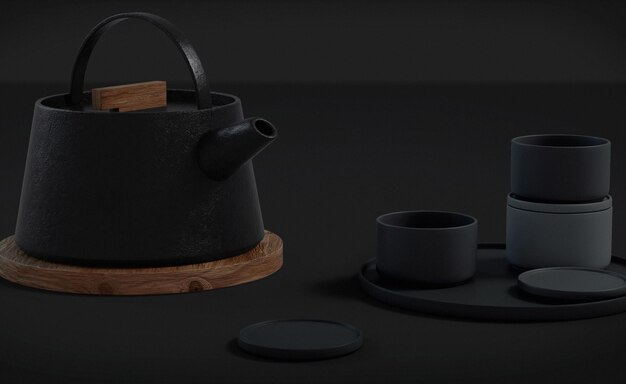 Modern black cast iron teapot and tea cups and a minimalist table side view set for tea time