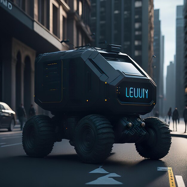 Photo a modern black delivery robot with city in the background generative ai