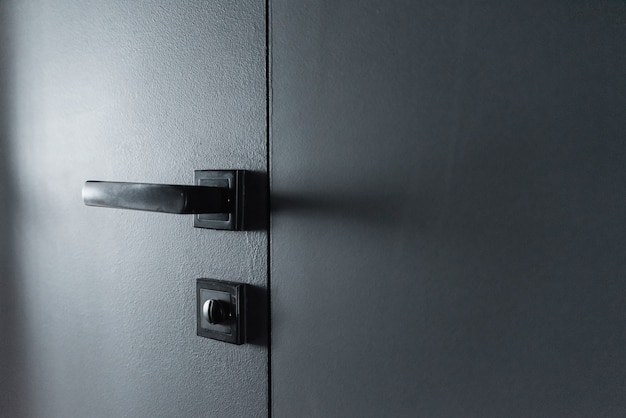 Modern black door handle and lock on black wooden hidden door. Close-up elements of the modern interior of the apartment.