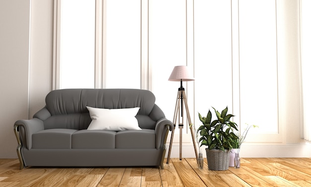 Современный черный тканевый диван в белой комнате интерьер паркет деревянный пол.