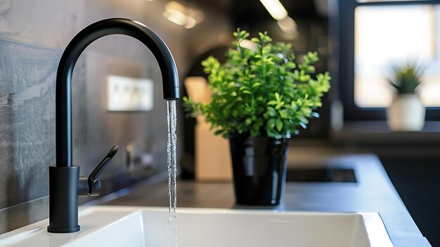 Modern black faucet in modern bathroom close up view