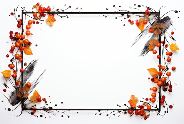 modern black frame with leafs and berries on white background