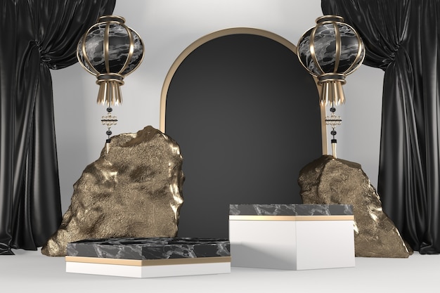モダンな黒御影石の背景と白い表彰台は、幾何学的な化粧品を示しています。 3Dレンダリング