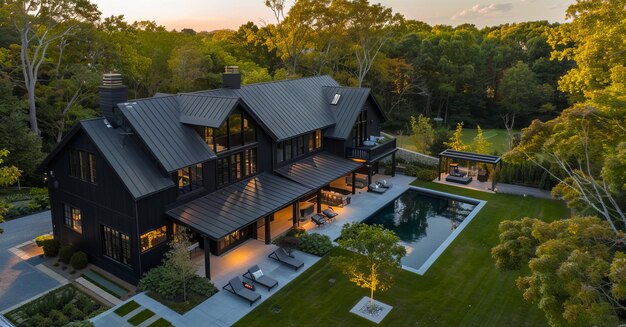 Photo a modern black house with a pool and trees