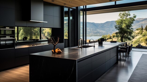 Modern Black Kitchen with Island Bench and Scenic Lake and Mountain View Premium AI generated image