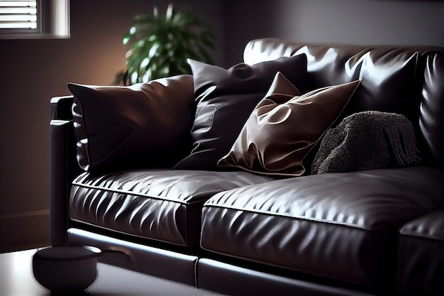 Современный черный кожаный диван с подушками на темном фоне.