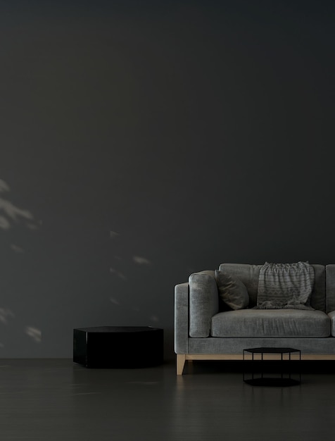 Современная черная гостиная и макет мебели и пустой интерьер текстуры стены