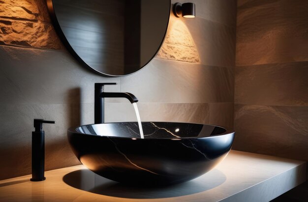 modern black marble sink with faucet in the bathroom stylish futuristic interior