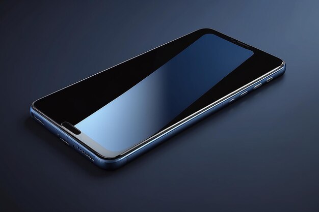 Photo modern black smart phone lies on a smooth dark blue surface or table in perspective