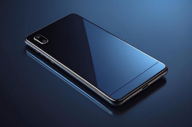 Modern black smart phone lies on a smooth dark blue surface or table in perspective