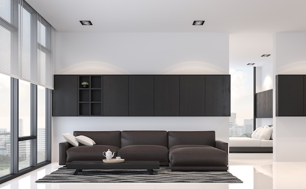 현대적인 흑백 거실과 침실 3d 렌더링 검은색 목재 가구가 비치되어 있습니다.