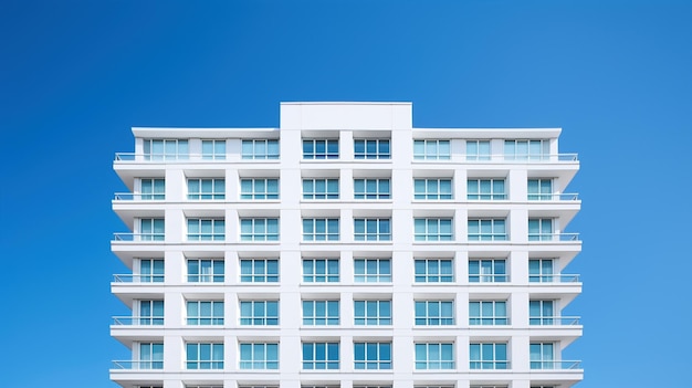 Modern block of flats on clear blue sky ai generated background image Complex apartment desktop wallpaper picture Apartment building exterior photo backdrop Realty concept composition front view