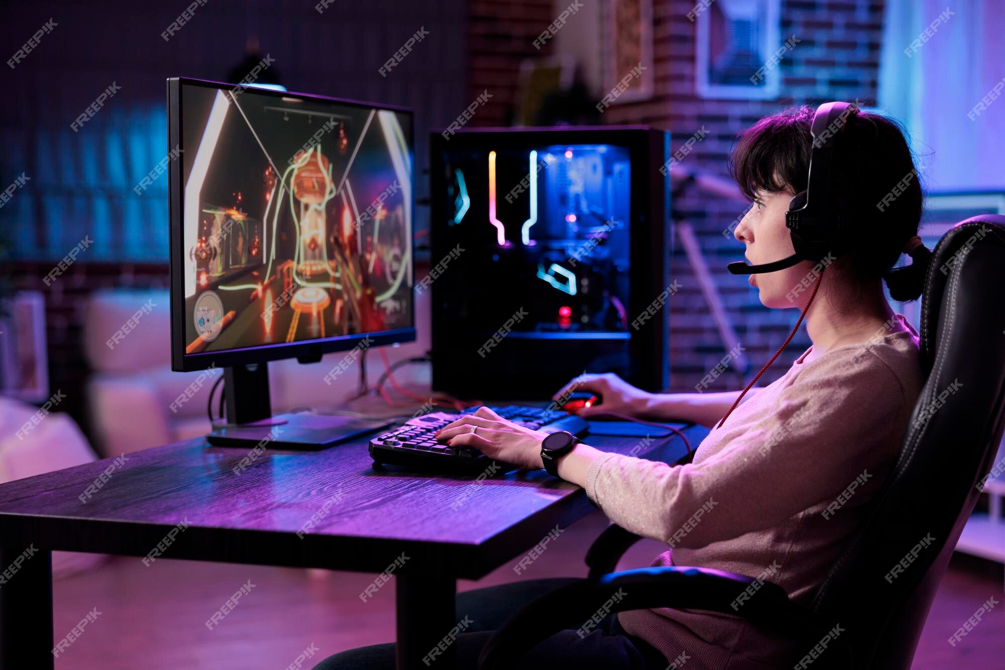 Premium Photo  Modern blogger having fun with video games play on pc,  streaming live action tournament online. young female gamer playing rpg  championship with multiple players, gaming competition.