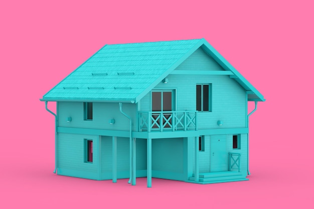 Modern Blue Brick Family House Cottage in Duotone Style on a pink background 3d Rendering