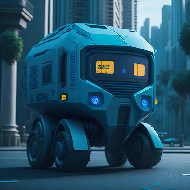 A modern blue delivery robot with city in the background generative ai