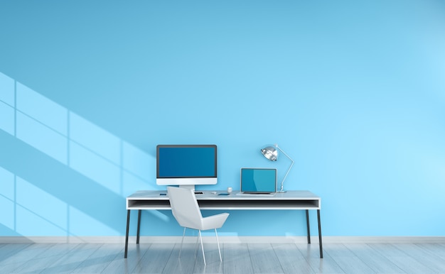 Photo modern blue desktop interior with devices 3d rendering