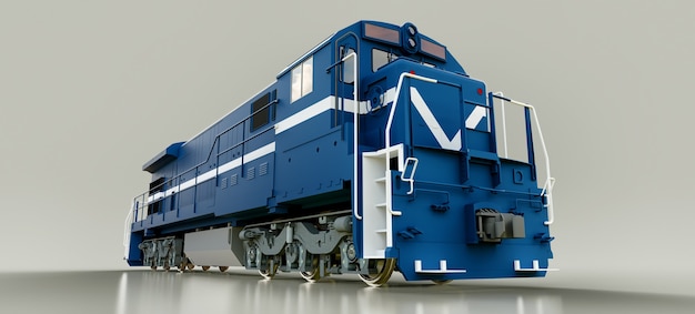 Modern blue diesel railway locomotive with great power and strength for moving long and heavy railroad train. 3d rendering