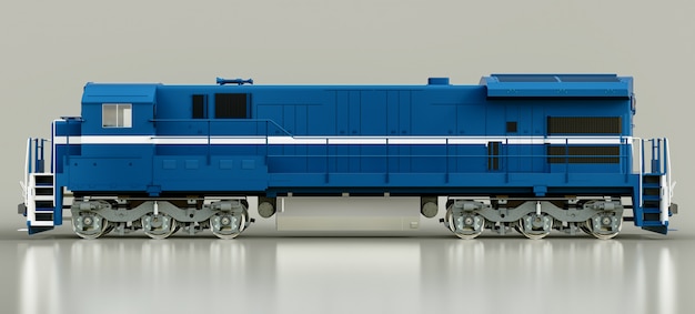 Foto moderna locomotiva ferroviaria diesel blu con grande potenza e resistenza per lo spostamento di treni ferroviari lunghi e pesanti. rendering 3d.