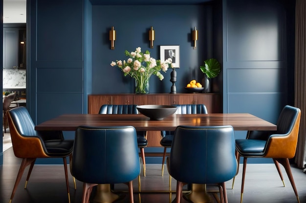 Modern blue dining room design contemporary interior table and leather chairs Generative AI