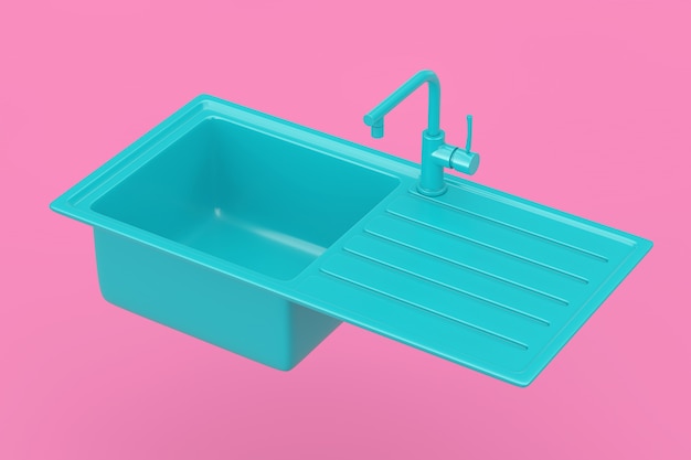 ウォータータップ付きのモダンなブルーのキッチンシンク、ピンクの背景にデュオトーンスタイルの蛇口モックアップ。 3Dレンダリング