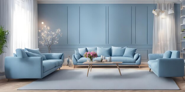 Фото Современный синий дизайн гостиной с диваном и мебелью размытая яркая гостиная