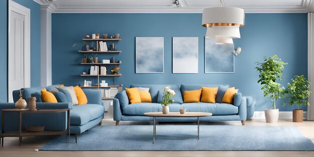 Photo modern blue living room design with sofa and furniture blurred bright living room