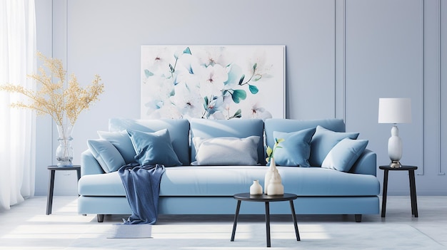 Современный дизайн синей гостиной с диваном и мебелью