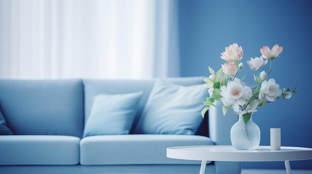 Современный дизайн синей гостиной с диваном и мебелью