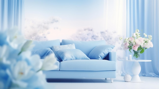 写真 スタイリッシュなソファのあるモダンなブルーのリビング ルーム