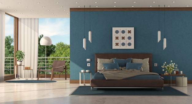 Modern blue master bedroom of a modern villa