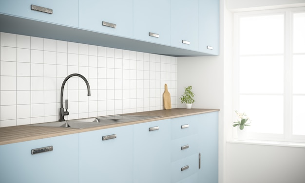 Modern blue minimal scandinavian kitchen