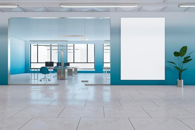 Modern blue office hallway interior with empty white mock up\
banner furniture window and city view 3d rendering