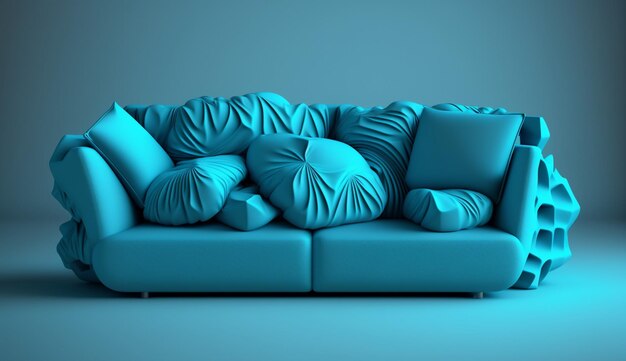 Photo modern blue sofa with cushions over blue background u generative ai