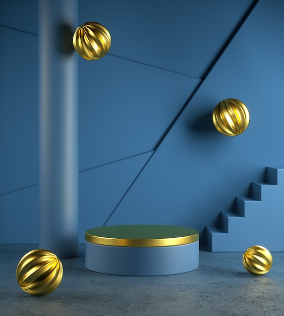 コンクリートの床に落ちる金の抽象的なボールとモダンな青いテンプレートステージ