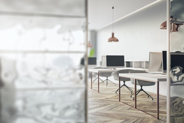 Modern blurry matte glass designer coworking office interior
with wooden floor furniture and equipment 3d rendering