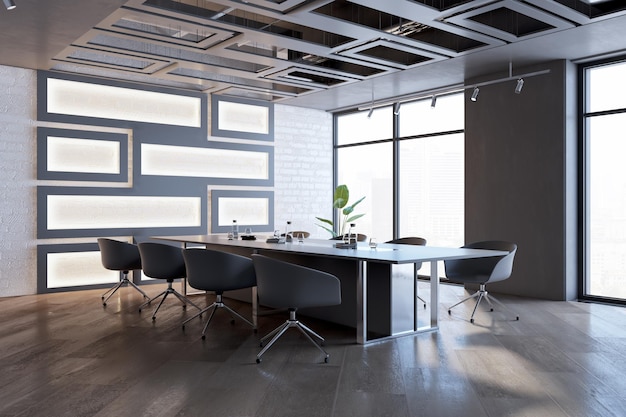 modern boarding room interior with window and city view furniture wooden flooring and decorative pattern on wall 3d rendering