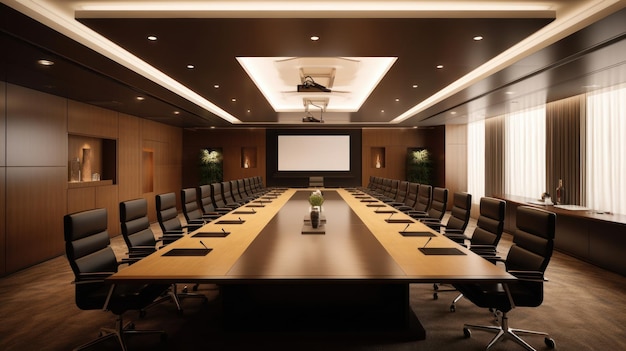 Modern Boardroom with a long conference table comfortable chairs and AV equipment AI generated