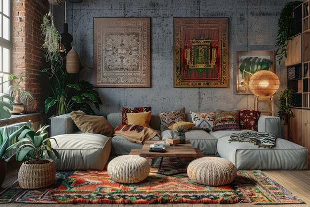 Modern bohemian living space with mixed patterns o