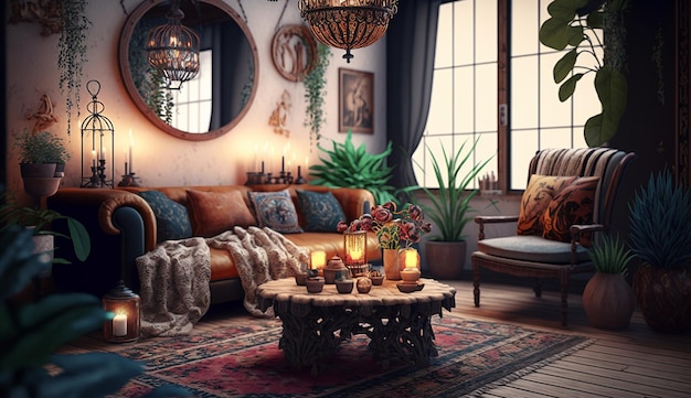 Modern bohemian style interior living room design AI Generated image